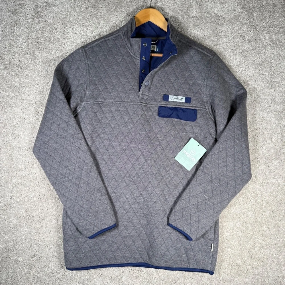 NWT Magellan Outdoors Men's Small Quilted Snap Pullover Gray Blue Classic Fit